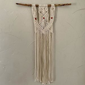 Vintage Handmade Macrame Wall Hanging Natural Wood with Wood Beads